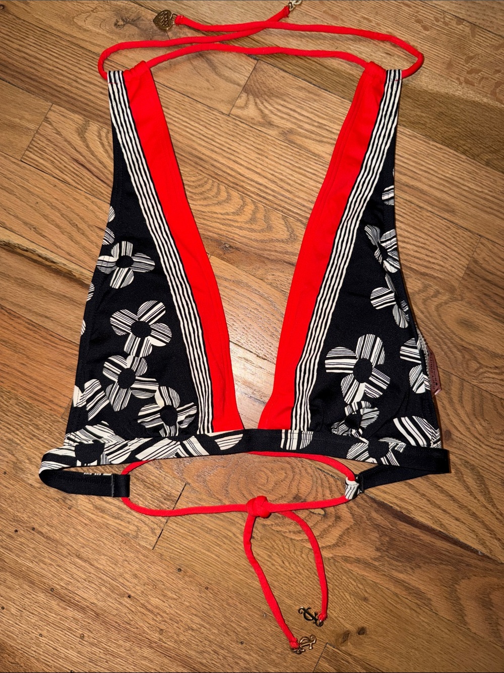 Juicy Couture Black Floral & Red Halter Bikini Top Size Small